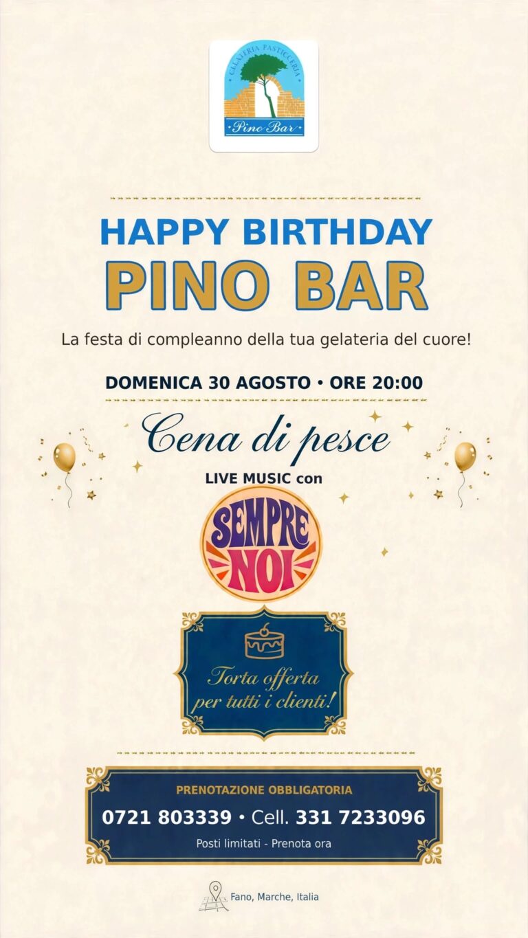 Compleanno Pino Bar: cena di pesce e musica a Fano
